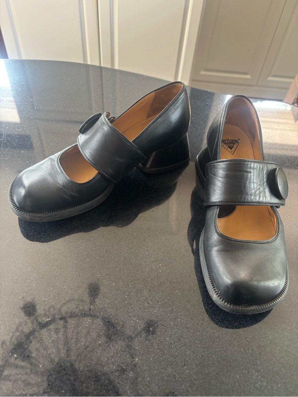 John Fluevog Black Leather Mary Jane Heels with Button Strap